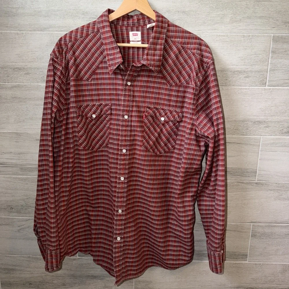 Levi's Pearl Snap Western Wear Red Plaid Long Sleeve Button Down Shirt Size XXL